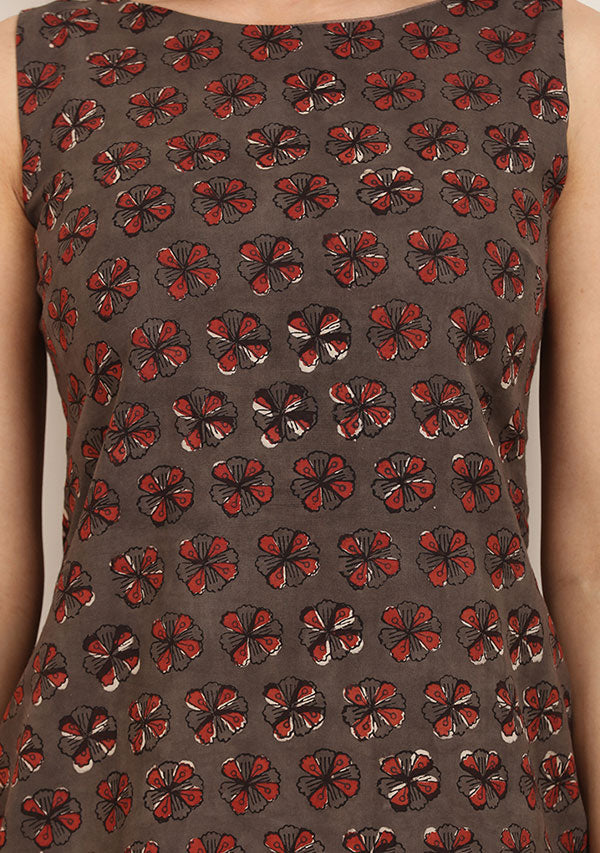 Brown Maroon Hand Block Printed Sleeveless Cotton Short Dress with Zip Detail - unidra.myshopify.com