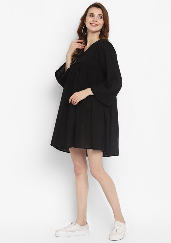 Black Short Cotton Dress with Fitted Bodice and Gathers