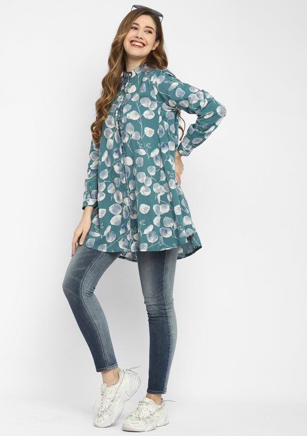Dusty Teal Leaf Printed A-Line Long Tunic with Button Details