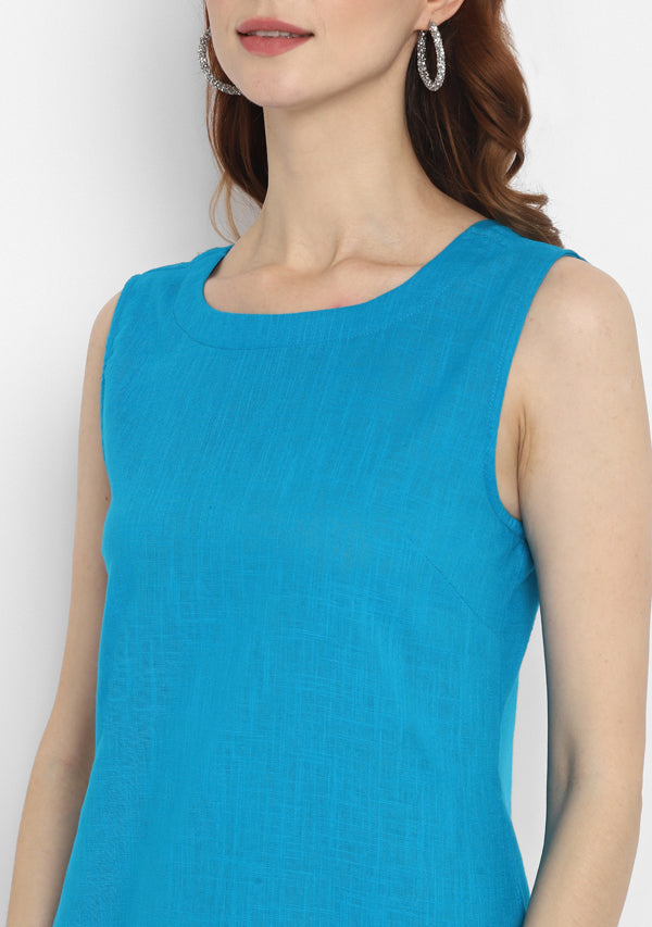Turquoise Short Sleeveless Cotton Dress