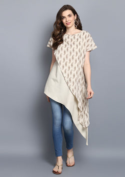 Beige Paisely Hand Block Print Layered Asymmetric Cotton Tunic - unidra.myshopify.com
