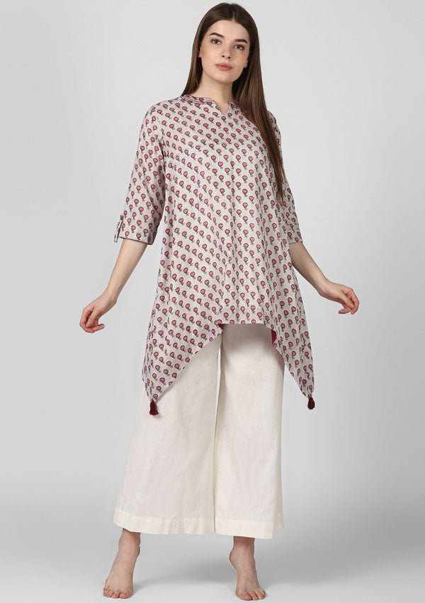 Grey Pink Hand Block Printed Asymmetric Tunic with Side Tails and Tassels - unidra.myshopify.com