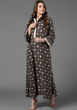 Beige Brown Hand Block Printed Cotton Night Dress with Long Sleeves and Zip Detail - unidra.myshopify.com
