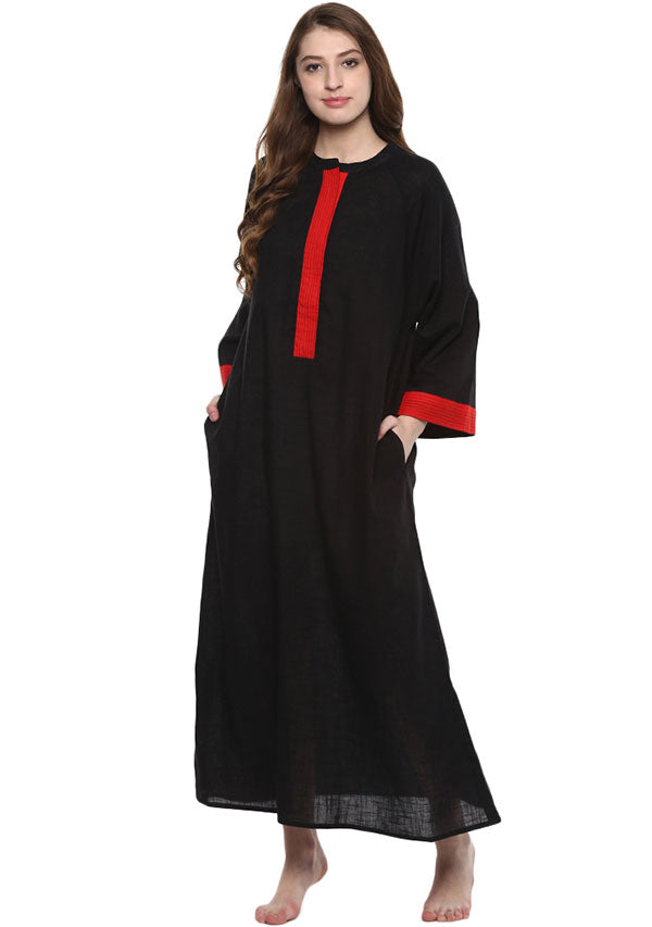 Black Red Bell Sleeves Cotton Night Dress Long Sleeves and Zip Detail - unidra.myshopify.com