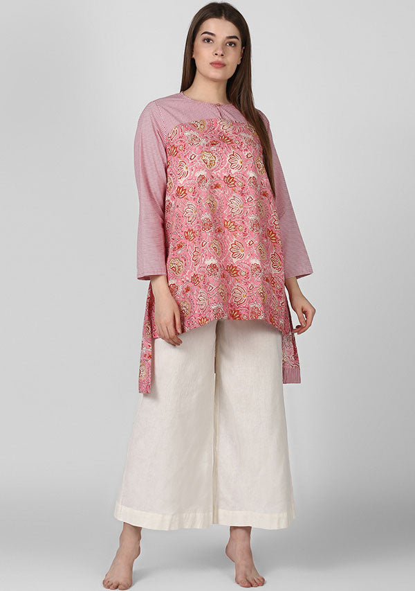 Pink Red Paisley Hand Block Printed Tunic with Yoke and High Low Detail - unidra.myshopify.com