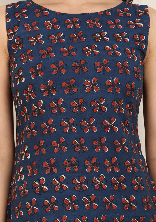 Indigo Maroon Hand Block Printed Sleeveless Short Cotton Dress with Zip Detail - unidra.myshopify.com