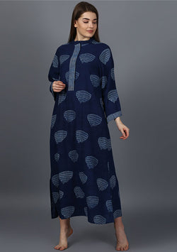 Indigo Ivory Marigold Motif Hand Block Printed Cotton Night Dress Long Sleeves and Zip Detail - unidra.myshopify.com