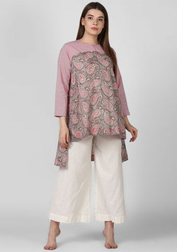 Grey Pink Paisley Hand Block Printed Cotton Tunic with Yoke and High Low Detail - unidra.myshopify.com