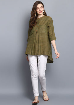 Olive Green Short Cotton Tunic With Pleats - unidra.myshopify.com