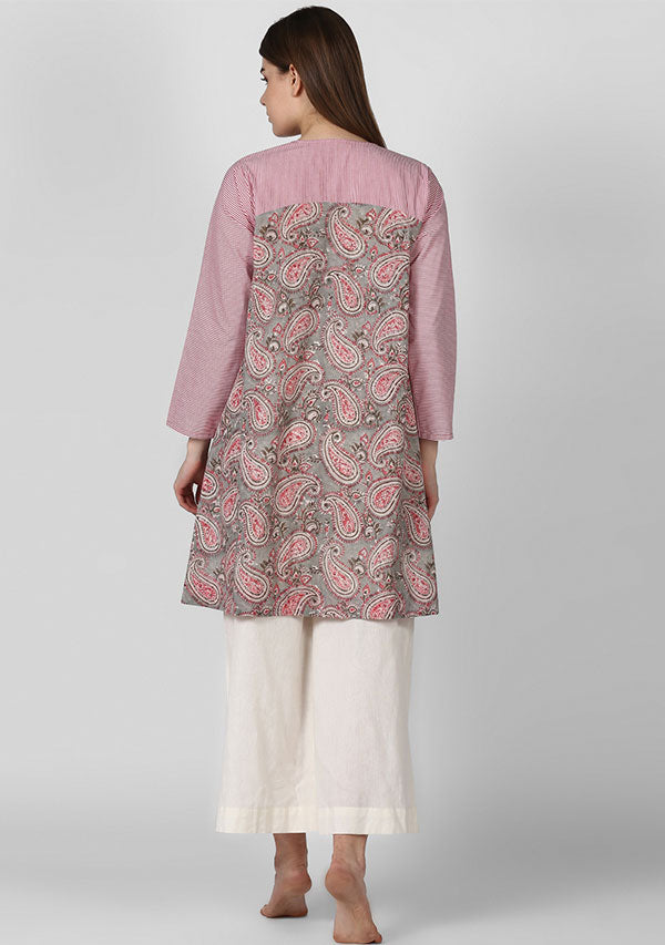 Grey Pink Paisley Hand Block Printed Cotton Tunic with Yoke and High Low Detail - unidra.myshopify.com