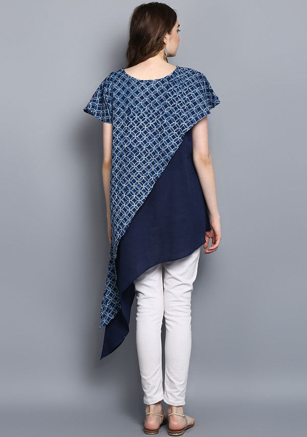 Indigo Hand Block Print Layered Asymmetric Cotton Tunic - unidra.myshopify.com