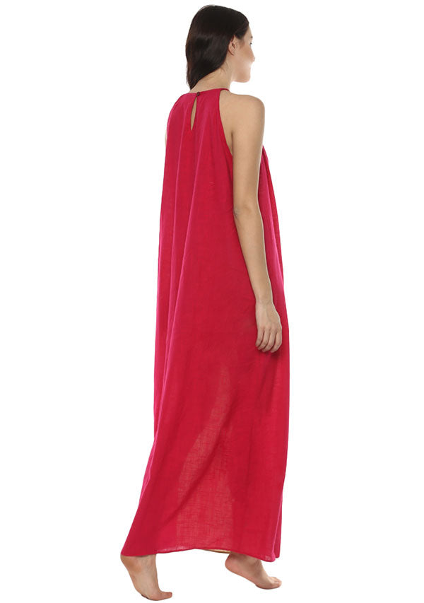 Beige Fuchsia Sleeveless Cotton Night Dress - unidra.myshopify.com