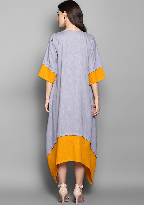 Grey and Mustard Layered Side Tail Cotton Dress - unidra.myshopify.com