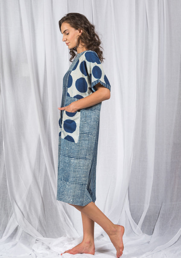 Indigo Ivory Block Dress in Polka Dots and Stripes with Diggin Pockets - unidra.myshopify.com
