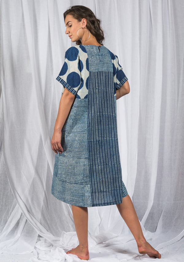 Indigo Ivory Block Dress in Polka Dots and Stripes with Diggin Pockets - unidra.myshopify.com