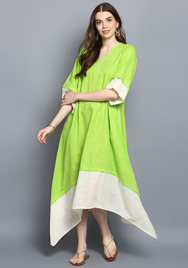 Parrot Green and White Layered Side Tail Cotton Dress - unidra.myshopify.com