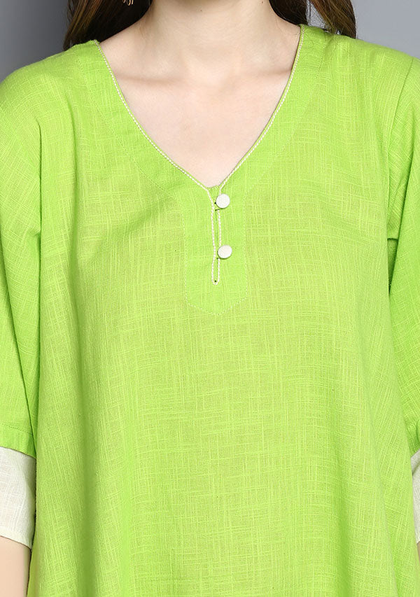Parrot Green and White Layered Side Tail Cotton Dress - unidra.myshopify.com
