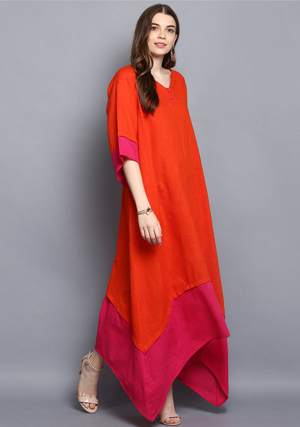 Orange and Fuschia Layered Side Tail Cotton Dress - unidra.myshopify.com