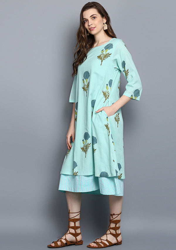 Turquoise Flower Motif Hand Block Printed Layered Cotton Dress with Sleeves - unidra.myshopify.com