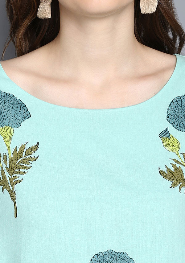 Turquoise Flower Motif Hand Block Printed Layered Cotton Dress with Sleeves - unidra.myshopify.com