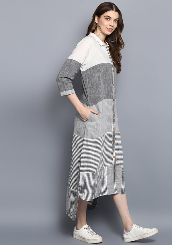 Grey White Striped Cotton Shirt Dress - unidra.myshopify.com