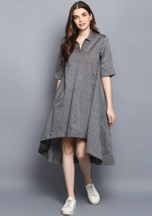 Grey Tail Cut Cotton Dress with Collar and Stitch Lines - unidra.myshopify.com