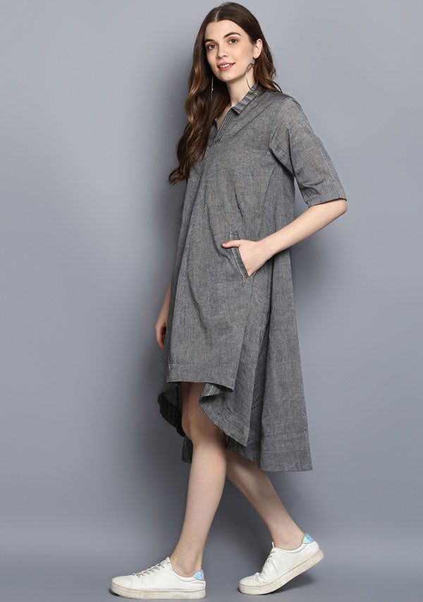 Grey Tail Cut Cotton Dress with Collar and Stitch Lines - unidra.myshopify.com