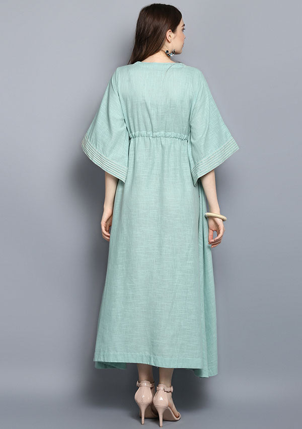Aqua Cotton Overlap Neckline Dress with Stich Bell Sleeves - unidra.myshopify.com