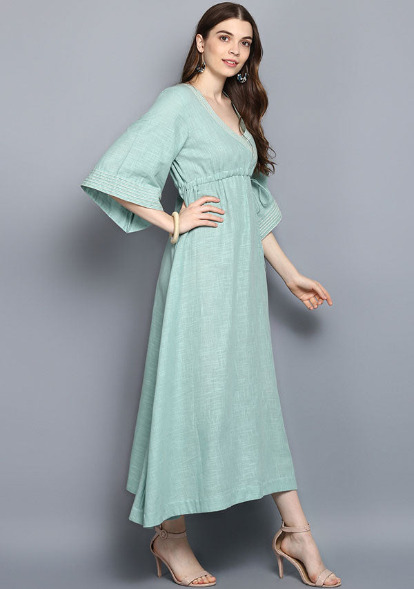 Aqua Cotton Overlap Neckline Dress with Stich Bell Sleeves - unidra.myshopify.com