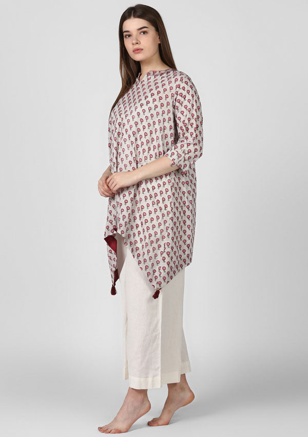 Grey Pink Hand Block Printed Asymmetric Tunic with Side Tails and Tassels - unidra.myshopify.com