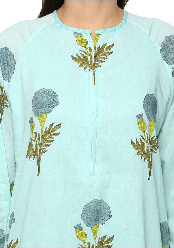 Aqua Blue Flower Motif Hand Block Printed Cotton Night Dress Long Sleeves and Zip Detail - unidra.myshopify.com