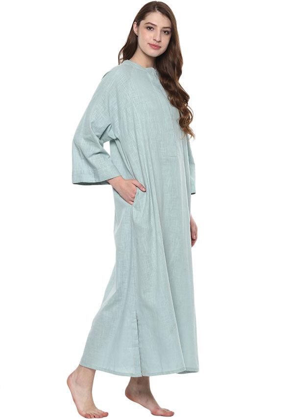 Aqua Cotton Night Dress With Long Sleeves and Zip Detail - unidra.myshopify.com