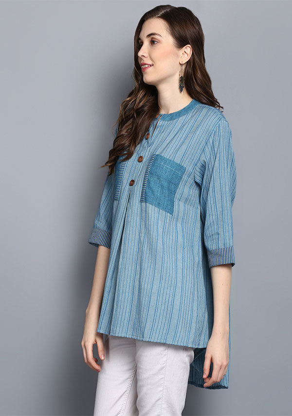 Turquoise Short Cotton Tunic With Pleats - unidra.myshopify.com