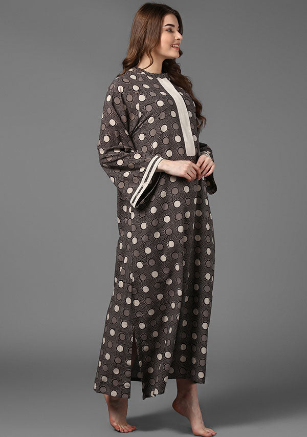 Beige Brown Hand Block Printed Cotton Night Dress with Long Sleeves and Zip Detail - unidra.myshopify.com