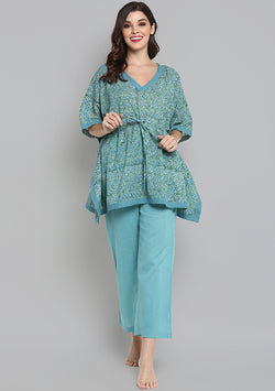 Aqua Green Hand Block Printed Floral Short Kaftan with White Pyjamas