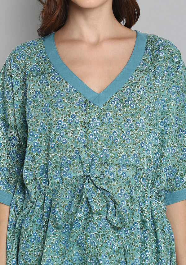 Aqua Green Hand Block Printed Floral Short Kaftan with White Pyjamas