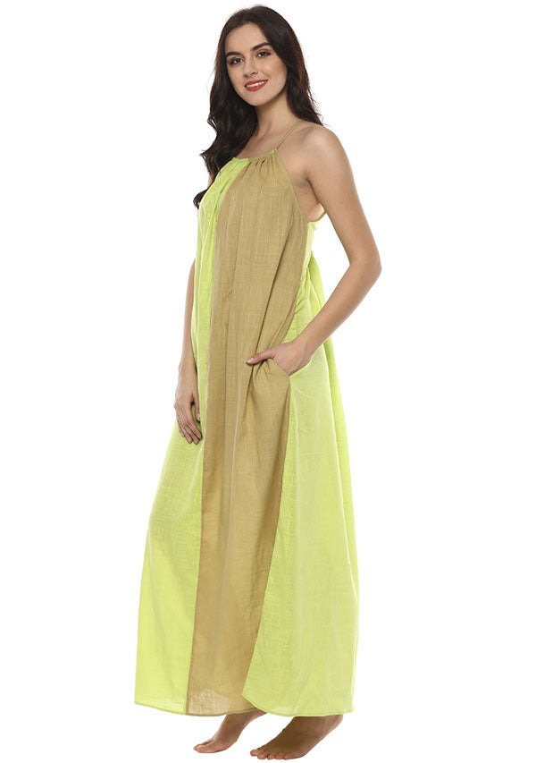 Beige Lime Green Sleeveless Cotton Night Dress - unidra.myshopify.com