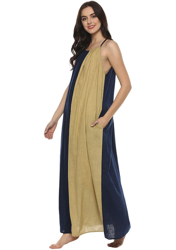 Beige Navy Blue Sleeveless Cotton Night Dress - unidra.myshopify.com