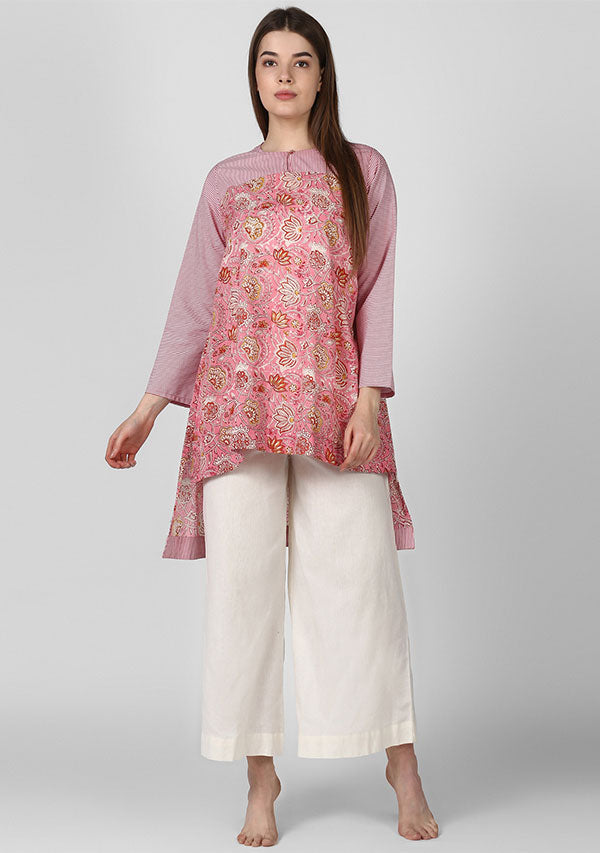 Pink Red Paisley Hand Block Printed Tunic with Yoke and High Low Detail - unidra.myshopify.com