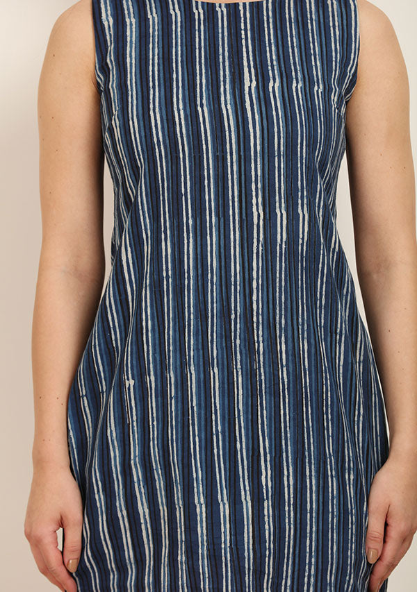 Indigo Striped Hand Block Printed Sleeveless Short Cotton Dress with Zip Detail - unidra.myshopify.com