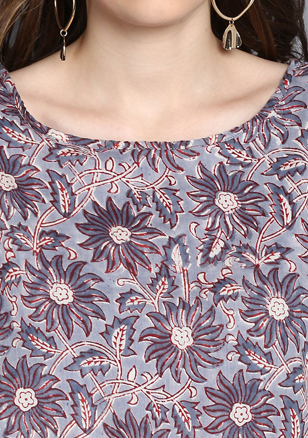 Grey and Red Flower Hand Block Print Layered Asymmetric Cotton Tunic - unidra.myshopify.com