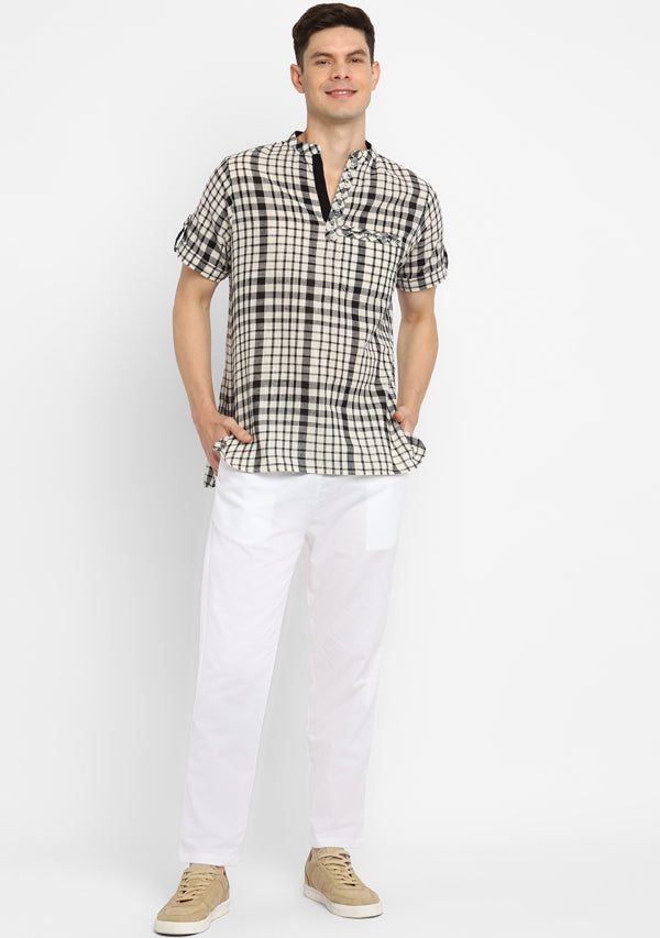 White Black Checked Short Sleeves Shirt And Pyjamas For Men