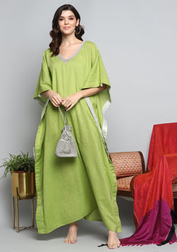 Lime Green Luxury Cotton  Kaftan with Hand Crocheted Antique Silver Zari Neckline - unidra.myshopify.com