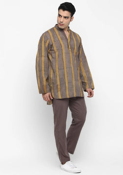 Grey Yellow Hand Block Printed Striped Cotton Shirt and Pyjamas For Men - unidra.myshopify.com