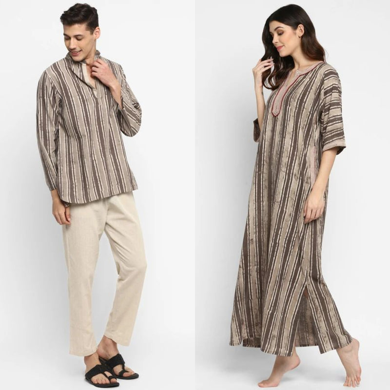 Couple's Wear - Beige Brown Striped Hand Block Printed Cotton Loungewear for "HIM & HER" - unidra.myshopify.com