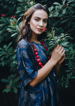 Cobalt Blue Red Hand Block Printed Mushru Luxury Kaftan Dress - unidra.myshopify.com