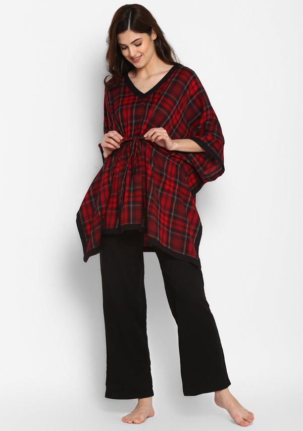 Flannel Red Black Checked Short Kaftan With Pyjamas