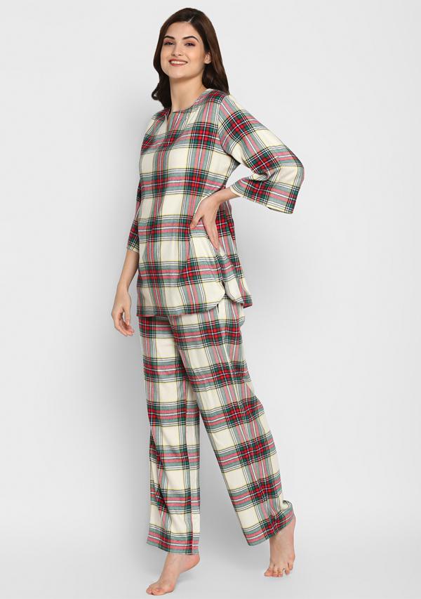 Flannel White Red Green Checked Night Suit