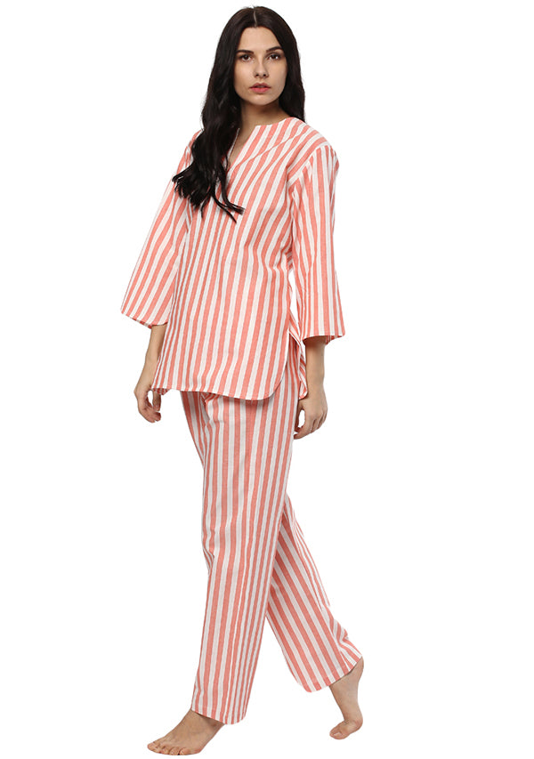 Peach Pink and White Striped Cotton Night Suit - unidra.myshopify.com