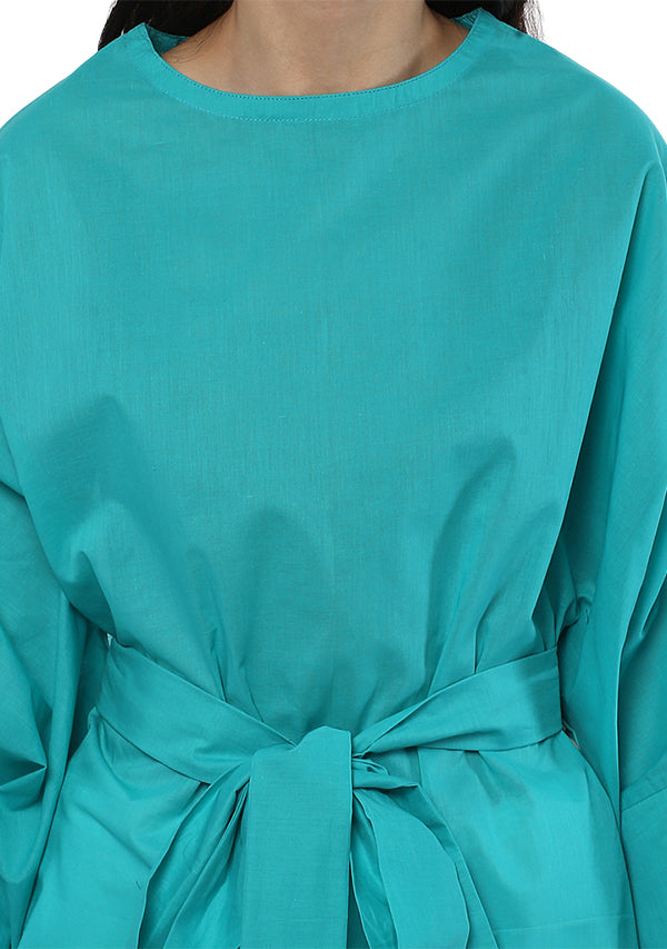 Turquoise Short Cotton Kaftan with Tie-Up Belt paired with White Pyjamas - unidra.myshopify.com